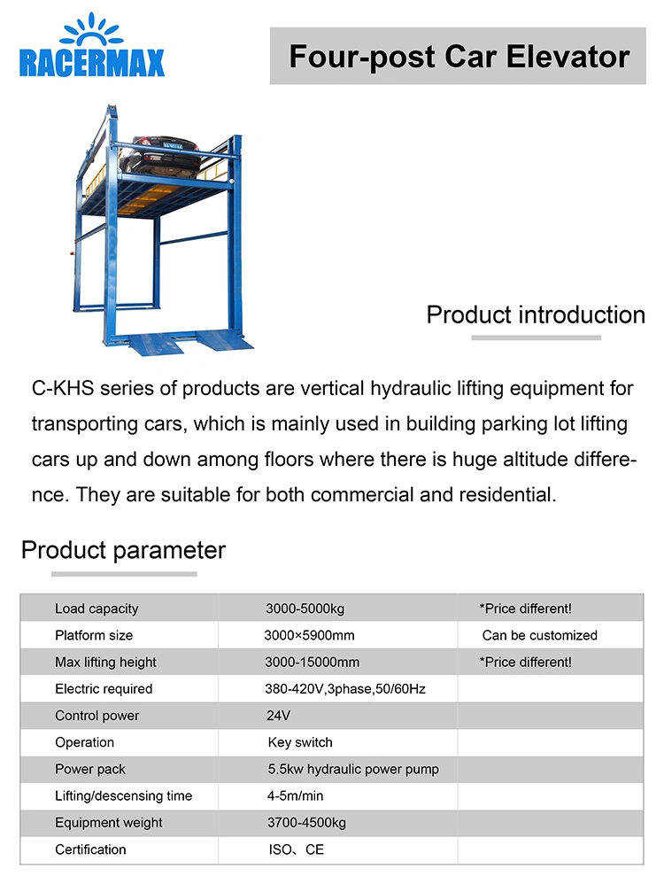 Electric Hydraulic Car Elevator Garage Equipment Lifter 4 Post Car Lift Auto Lift for Car Repair and Car Floor Transfer Car Parking 4s 4 Store Use